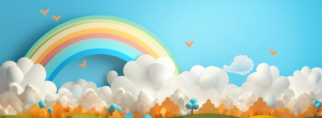 Rainbow vector illustration. The sky is clear with rainbow and bright clouds in the summer banner background. Paper cut style web header. Place for text - obrazy, fototapety, plakaty