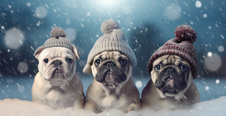 Pug dogs wearing a hat and scarf Standing in the snow at Christmas,Christmas animal pictures