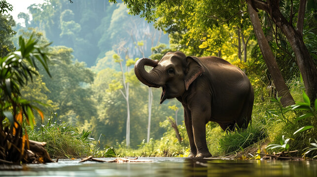 The happiness of Asian elephants in the wild at the foot of the mountains in Thailand.