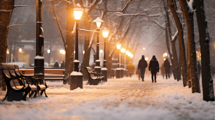 A peaceful winter scene depicting a snowy park alley illuminated by the warm glow of street lights at dusk. - obrazy, fototapety, plakaty