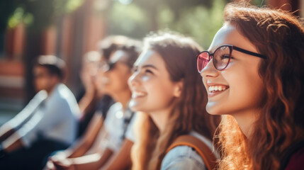Group of smiling teenage students with glasses enjoying a lesson outdoors, bathed in golden sunlight.