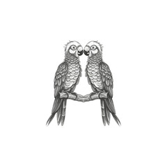 hand-drawn two parrot design, illustration, white background, retro style