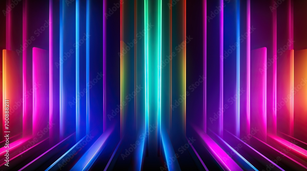 Poster neon lights, spotlights and ray.neon triangle frame with glowing effect on dark background. blank gl