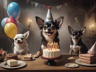 a group of chihuahua dogs, with a happy smile, are at a table celebrating their birthday with a cake and balloons