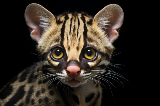 Margay close-up portrait on a black background.