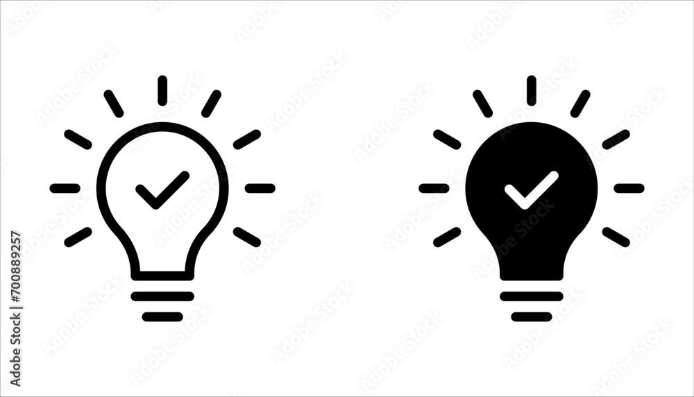 Wall mural black bulb with checkmark like quick tip icon. flat stroke linear simple trend modern efficiency log