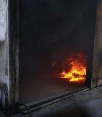 Large fire, simulation of large-scale fire using cooking gas inside the room, simulation of fire in the room, used as basic firefighter training. - obrazy, fototapety, plakaty