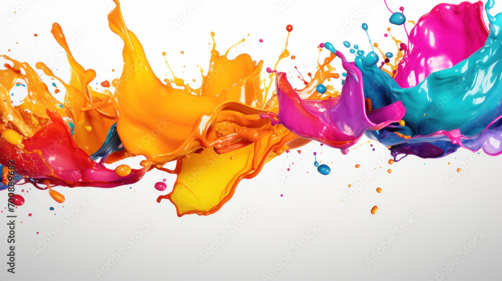 Poster dynamic and colorful paint splashes captured in mid-air, creating a lively and abstract artistic bac