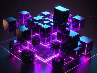 cubes laser figures neon in the space , neon, multiverse in motion merging 2D and 3D assets