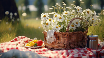 Obraz na płótnie Canvas Wicker picnic basket filled with daisies on a red and white checkered blanket in a sunny field.
