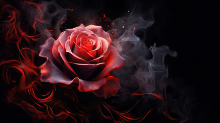 A single red rose enveloped in a swirling smoky atmosphere, creating a mystical aesthetic.