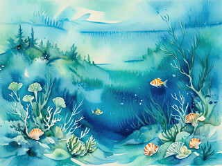 Fototapeta na wymiar a painting of a blue ocean with fish and corals