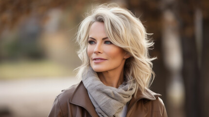 Obraz premium Portrait of smiling blond 45 yo mid age woman outdoors
