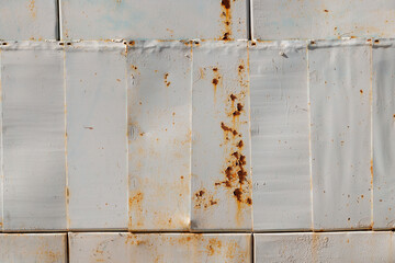 steel sheets patchwork painted gray with rust spots closeup full-frame background and texture under direct sun light