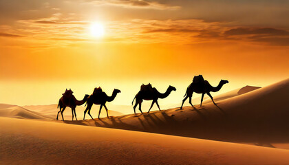 Camel caravan in the Sahara desert at sunset. 