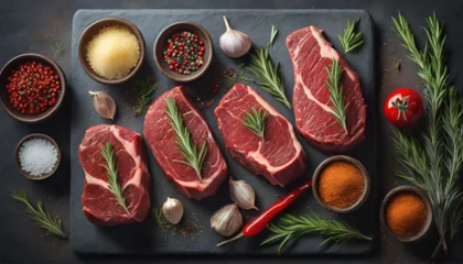 Fotobehang Fresh raw meat on slate black board top view, Variety of beef steak, spices, seasoning for cooking, grilling, black angus prime, striploin, rib eye, sirlion, view from above. generative ai © New2023