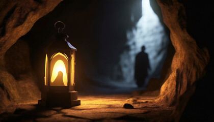 Halloween background with ghost and lantern in cave. Ghost tour adventures - obrazy, fototapety, plakaty