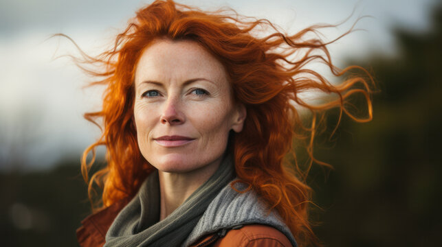 Portrait of smiling red hair, ginger 45 yo mid age woman outdoors