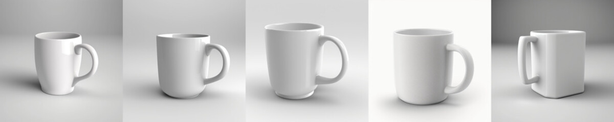 3D white mugs isolated on plain background with space for logotype advertising