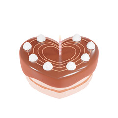 3D illustration of heart-shaped chocolate glazed cake with candles and whipped cream on top, isolated on transparent background