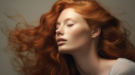 Fototapeta premium Beauty portrait of a red-haired beautiful glamor woman on studio background. With a copy space.