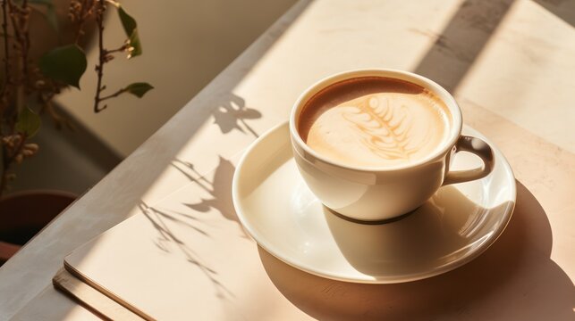 A warm mug of cappuccino on white table, relax time