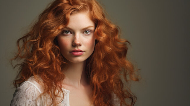 Beauty portrait of a red-haired beautiful glamor woman on studio background. With a copy space.