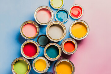 A flat lay of multicolored paint can on background