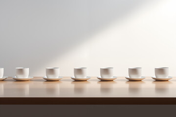Fototapeta na wymiar There is a row of white coffee cups on a wooden table, ordinary view,a blank space on the top