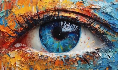 Fototapeta premium “Fluorite” - oil painting. Conceptual abstract picture of the eye. Oil painting in colorful colors. Conceptual abstract closeup of an oil painting.