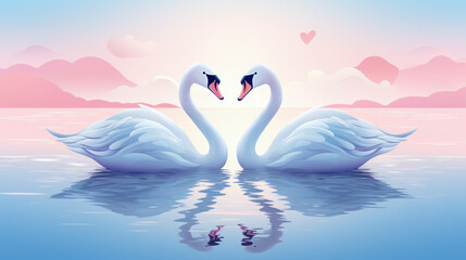 Two Stylized Swans Forming a Heart on a Serene Pink Lake at Sunset, Romantic Valentine Background