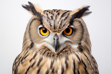 Fototapeta premium Eurasian Eagle-Owl close-up portrait on a white background.