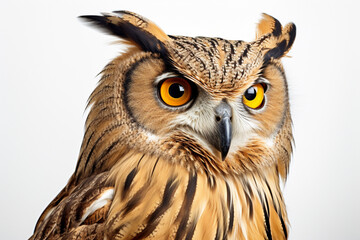 Fototapeta premium Eurasian Eagle-Owl close-up portrait on a white background.