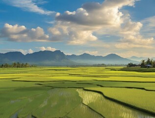 The vast rice fields stretch out lush green, my land is fertile, my village is peaceful