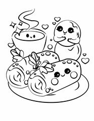 Doodle coloring page for children and adults. Cute kawaii food and sweets. Black and white illustration.
