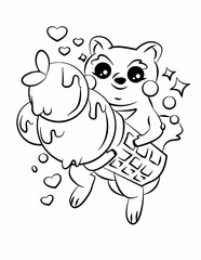 Doodle coloring page for children and adults. Cute kawaii food and sweets. Black and white illustration.