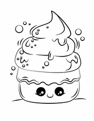 Doodle coloring page for children and adults. Cute kawaii food and sweets. Black and white illustration.