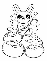 Doodle coloring page for children and adults. Cute kawaii food and sweets. Black and white illustration.