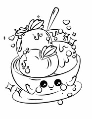 Doodle coloring page for children and adults. Cute kawaii food and sweets. Black and white illustration.