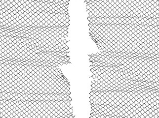 mockup. Opening in metallic net fence. isolated on white background. mock-up. Challenge. uncertainty. breakthrough concept. freedom concept. Chainlink, wire netting, wire-mesh. illustration. mock up - obrazy, fototapety, plakaty