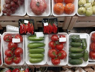 Group of fresh vegetables and fruits packed with stretch on supermarket counter of groceries....