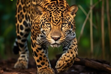 Fototapeta premium Beautiful and endangered american jaguar in the nature habitat panthera onca wild brasil brasilian wildlife.