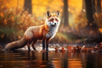 Red fox standing in water in colorful autumn nature.