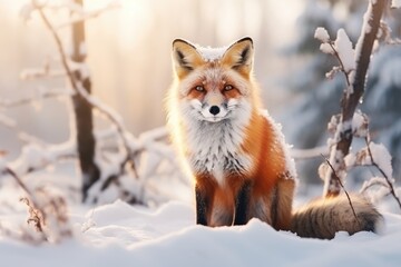 Red fox in winter. Portrait of red fox, Vulpes vulpes, standing in winter forest in snowfall.