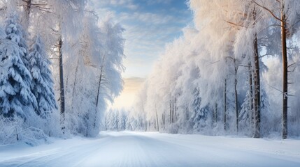 Obraz na płótnie Canvas Empty frozen road through idyllic snowy forest in winter.