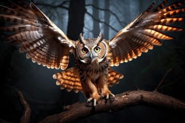 Owl on a tree branch with wings spread, about to fly.