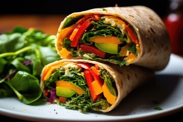 Close-up shot of a colorful veggie wrap, showcasing the crispness of bell peppers, hummus, and fresh spinach. - obrazy, fototapety, plakaty