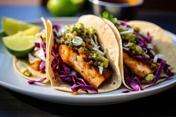 Close-up shot of a plate of grilled fish tacos with crisp cabbage slaw and a generous dollop of avocado salsa.