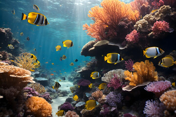 Naklejka na ściany i meble The symphony of underwater coral reefs and tiny little fishes