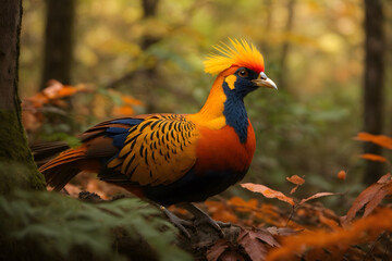 Fototapeta premium A close up of a golden pheasant in the forest